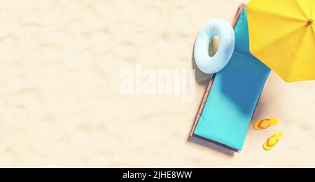 Draufsicht 3D Rendering von hölzernen Sonnenliege mit blauer Matratze und gelbem Schirm am Sandstrand in der Nähe von Schwimmring und Flip Flops an sonnigen Tag platziert Stockfoto