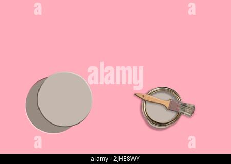 Kreatives Konzept Bild der Dekoration Umbau Malerei Farbe Farbtopf kann Zinn Pinsel auf einem bunten rosa Hintergrund gemalt grauen Kreis Stockfoto