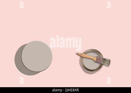 Kreatives Konzept Bild der Dekoration Umbau Malerei Farbe Farbtopf kann Zinn Pinsel auf einem bunten rosa Hintergrund gemalt grauen Kreis Stockfoto