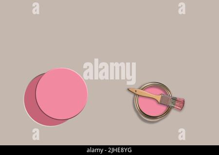 Kreatives Konzept Bild der Dekoration Umbau Malerei Farbe Farbtopf kann Zinn Pinsel auf einem bunten grauen Hintergrund rosa Kreis gemalt Stockfoto