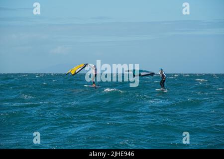 Ein Mann Flügel Folien auf dem Meer mit einem Hand gehalten aufblasbaren Flügel, Reiten ein Surfbrett. Hauraki Gulf, Auckland, Neuseeland. Stockfoto