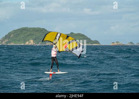 Ein Mann Flügel Folien auf dem Meer mit einem Hand gehalten aufblasbaren Flügel, Reiten ein Tragflächenboot Surfboard Flügel Folie Bord. Hauraki Gulf, Auckland, Neuseeland. Stockfoto