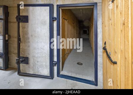 Gepanzerte Tür eines öffentlichen Fallout-Schutzhauses in einem Mehrfamilienhaus in der Schweiz Stockfoto