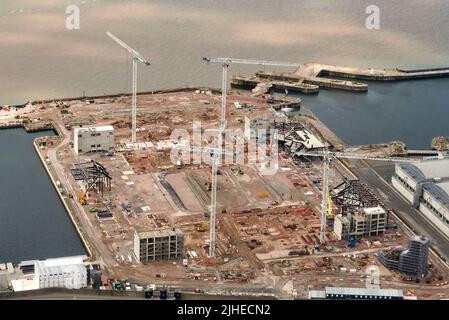 Eine Luftaufnahme des neuen Everton Football Ground im Bau, Seaforth Docks, Liverpool, Merseyside, Nordwestengland, VEREINIGTES KÖNIGREICH Stockfoto