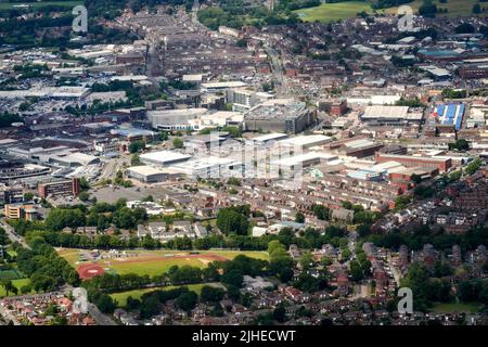 Eine Luftaufnahme des Bury Town Center, Nordwestengland, Großbritannien Stockfoto