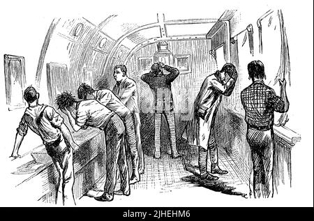 Szene auf einem englischen Auswandererschiff, hier der Waschraum / Scene on an English Emigrant ship, here the washroom, Historisch, historical, digital improved Reproduktion eines Originals aus dem 19.. Jahrhundert, genau Originaldatum nicht bekannt Stockfoto