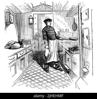 Szene auf einem englischen Auswandererschiff, die Küche, Kombüse / Scene on an English emigrant ship, the kitchen, galley, Historisch, historical, Digital verbesserte Reproduktion eines Originals aus dem 19.. Jahrhundert, genau Originaldatum nicht bekannt Stockfoto