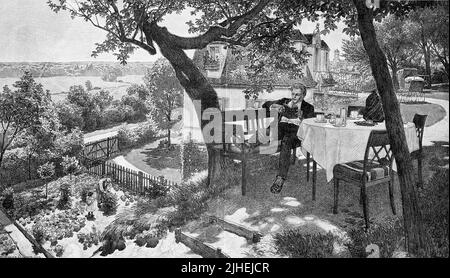 Ferien, junger Mann genießt den Sommer an einem gedachten Tisch im Garten, liest in einem Buch und raucht Pfeife, 1895, Deutschland / Urlaub, junger Mann beim Sommeressen an einem gedeckten Tisch im Garten, Buch lesen und Pfeife rauchen, 1895, Deutschland, Historisch, historisch, Digital verbesserte Reproduktion eines Originals aus dem 19.. Jahrhundert, genau Originaldatum nicht bekannt Stockfoto