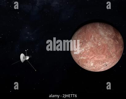 Eine Forschungsdrohne fliegt auf einen unbekannten Exoplaneten zu. Stockfoto