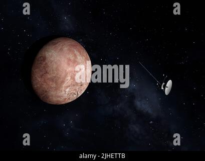 Eine Forschungsdrohne fliegt auf einen unbekannten Exoplaneten zu. Stockfoto