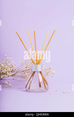 Glasflasche mit Schilfdiffusor und Gypsophila-Blüte auf fliederem Hintergrund. Nahaufnahme. Stockfoto