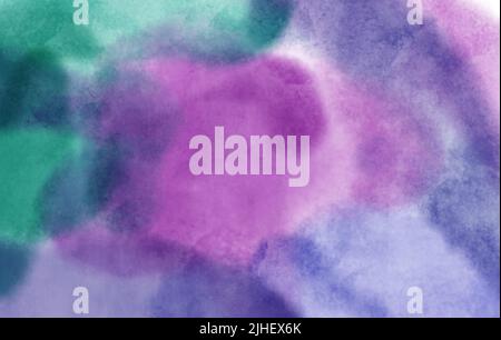 Abstraktes Blau, Rosa, Lila und Grün auf Kornpapier. Aquarell-Farbanschnitt und Farbflecken. Gemischte Farben und grunge Hintergrund. Stockfoto