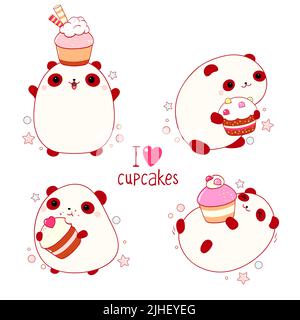 Set von niedlichen Tieren im Kawaii-Stil. Witziger fetter Panda mit Cupcake. Inschrift Ich liebe Cupcakes. Kann für T-Shirt-Print, Aufkleber, Grußkarte verwendet werden Stock Vektor