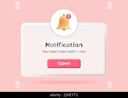 3D Benachrichtigung. Popup-Seite mit schwebenden Elementen. Social Media, Business- oder Eventplanung, Erinnerung mit 3D Glocken. Vektorgrafik Stock Vektor