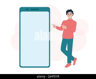 Handyvorlage. Mann steht und zeigt auf großen leeren Smartphone-Bildschirm. Leeres Handy-Display mit Kopierplatz. Flache Vektorgrafik. Stock Vektor