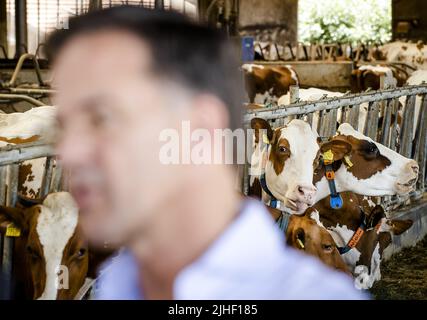 Kelpen-Oler, Niederlande. 18.. Juli 2022. 2022-07-18 13:12:41 KEPLEN-OLER - Premierminister Mark Rutte spricht mit der Presse während eines Besuchs auf einem Bauernhof in der Peel, um über die Stickstoff-Pläne zu sprechen. ANP SEM VAN DER WAL netherlands Out - belgium Out Credit: ANP/Alamy Live News Stockfoto