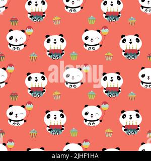 Kawaii Panda Happy Birthday Vektor nahtlose Muster Hintergrund. Nette Kulisse mit lachenden Cartoon-Bären mit Kuchen, Ballons, Cupcakes. Hell Stock Vektor