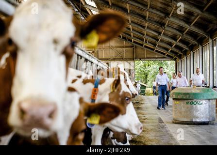 Kelpen-Oler, Niederlande. 18.. Juli 2022. 2022-07-18 13:07:45 KEPLEN-OLER - Premierminister Mark Rutte wird eine Tour von einem Kuhstall während eines Besuchs auf einer Farm in der Peel gegeben, um über die Stickstoff-Pläne zu sprechen. ANP SEM VAN DER WAL netherlands Out - belgium Out Credit: ANP/Alamy Live News Stockfoto