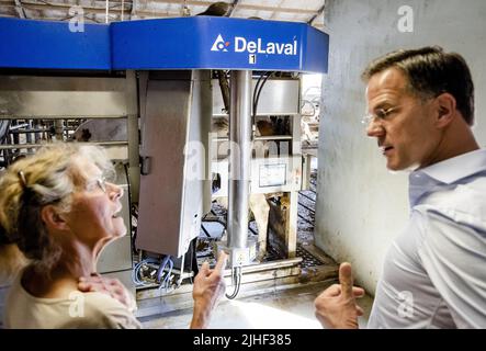 Kelpen-Oler, Niederlande. 18.. Juli 2022. 2022-07-18 10:42:13 KEPLEN-OLER - Premierminister Mark Rutte wird eine Tour von einem Kuhstall während eines Besuchs auf einer Farm in der Peel gegeben, um über die Stickstoff-Pläne zu sprechen. ANP SEM VAN DER WAL netherlands Out - belgium Out Credit: ANP/Alamy Live News Stockfoto