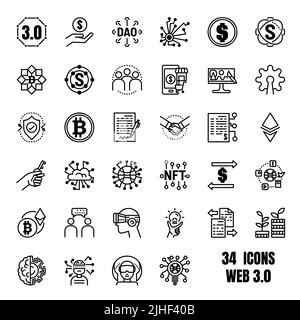 Vektorsymbole für web3 oder Web 3,0 eingestellt. Enthält Symbole wie defi, Token, Dezentralisierung, Marktplatz. Stock Vektor