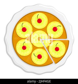 Biskuitkuchen auf dem Teller, duftender Kuchen mit Ananasringen Draufsicht. Exotisches Dessert mit Tee-Party. Cartoon-Vektor auf weißem Hintergrund isoliert Stock Vektor