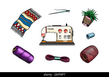 Nähwerkzeuge. Handgefertigt. Schere, Maschine, Spulen und Nadelarbeit. DIY-Hintergrund. Machen Sie es selbst. Gravierte Noodle vintage Skizze von Hand gezeichnet. Symbole Stock Vektor