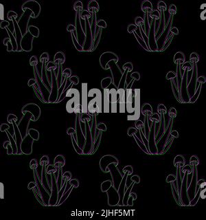 Muster von giftigen Neon-Pilze Vektor einfachen Hintergrund isoliert auf schwarzem Hintergrund. Psychedelischer Pilz. Farbige Version. Vektormykologie. N Stock Vektor