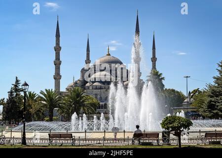 Die blaue Moschee, wie aus dem Sultan Ahmed Park tagsüber in Istanbul, Türkei zu sehen. Stockfoto