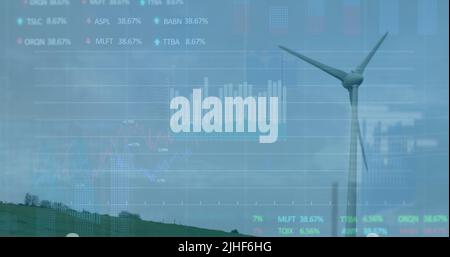 Bild der Datenverarbeitung über der Windenergieanlage Stockfoto