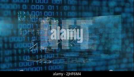 Bild von nft-Text über Scan und Datenverarbeitung auf schwarzem Hintergrund Stockfoto