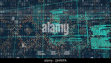 Bild von Störungen auf der Computerplatine und der Datenverarbeitung Stockfoto