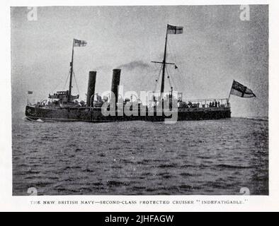 Der New British Navy Second Class Protected Cruiser HMS unermüdlich 1891 war ein Apollo-Klasse-geschützter Kreuzer der britischen Royal Navy der zweiten Klasse. Das Schiff wurde zwischen 1890 und 1892 von der London and Glasgow Shipbuilding Company in Glasgow gebaut und startete am 12. März 1891. 1910 wurde das Schiff in HMS Melpomene umbenannt und 1913 für Schrott verkauft. Aus einem Artikel "SCHIFFE DER NEUEN BRITISCHEN MARINE" von W. Laird Clotvcs vom Factory and Industrial Management Magazine Volume 6 1894 Publisher New York [etc.] McGraw-Hill [etc.] Stockfoto