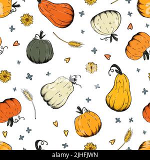 Schöne Kürbis halloween Danksagung nahtlose Muster, niedlichen Cartoon Kürbisse handgezeichnete Hintergrund, ideal für saisonale Textildrucke, Urlaub Verbot Stock Vektor