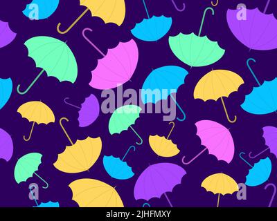 Farbenfrohe Regenschirme im nahtlosen Muster. Muster von offenen Regenschirmen vom Regen. Design von Verpackungen, Banner und Werbematerialien. Vektorgrafik Stock Vektor