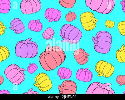 Bunte Kürbisse Nahtloses Muster. Thanksgiving-Feiertag Hintergrund Abstrakter Hintergrund mit Kürbissen zum Bedrucken von Geschenkpapier, Transparenten und Boo Stock Vektor