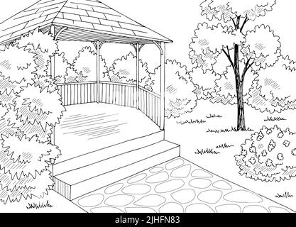 Pavillon Garten moderne Grafik schwarz weiß Architekt Landschaft Skizze Illustration Vektor Stock Vektor