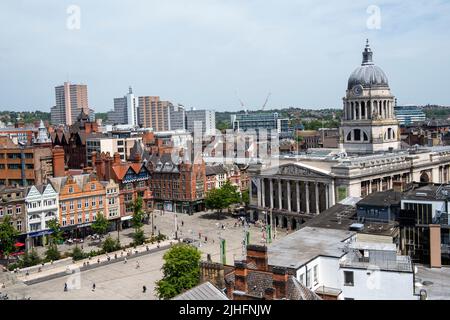 Luftaufnahme des Market Square vom Dach des Pearl Assurance Building in Nottingham City, Nottinghamshire England Stockfoto