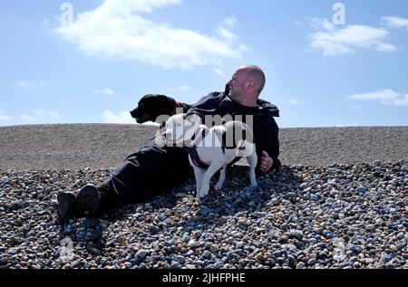 Reifer Mann, der mit zwei Hunden am Kiesstrand liegt, weybourne, Nord-norfolk, england Stockfoto