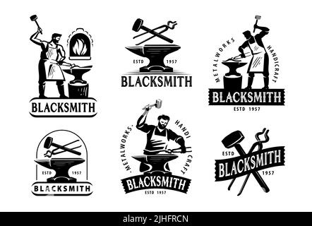 Hammer und Amboss, Industrial Logo Set Vektor. Designvorlage für Abzeichen, Etiketten für Schmiedekunst und Werkstatt Stock Vektor