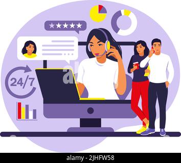 Kundenservicekonzept. Frau mit Kopfhörer und Mikrofon mit Laptop. Support, Unterstützung, Call Center. Vektorgrafik. Flacher Style Stock Vektor