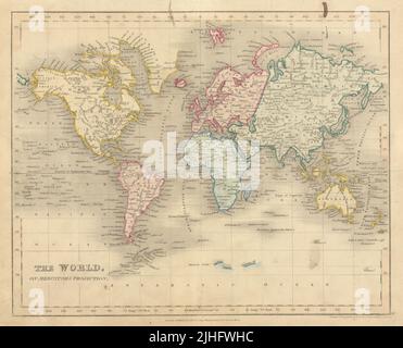 The World on Mercator's Projection von John Dower 1845 alte antike Kartengrafik Stockfoto