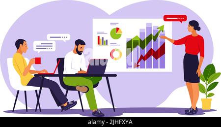 Kollegen arbeiten gemeinsam am Projekt. Das Business-Team arbeitet am großen Schreibtisch zusammen. Vektorgrafik. Flacher Style Stock Vektor