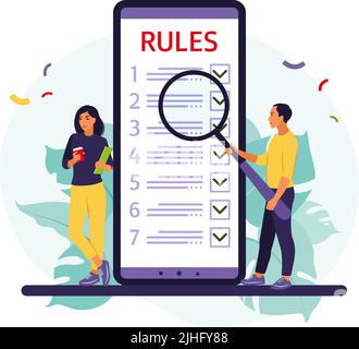 Leute studieren Liste der Regeln, machen Checkliste, lesen Anleitung. Vektorgrafik. Flacher Style Stock Vektor
