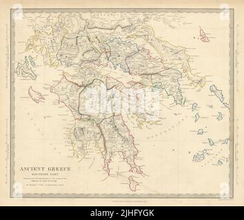 DAS ANTIKE GRIECHENLAND IM SÜDEN. Peloponnes Attika Athen Kykladen. SDUK 1851 alte Karte Stockfoto