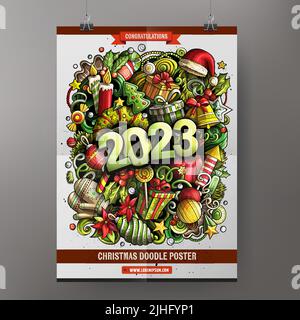 Cartoon Doodles 2023 Frohes neues Jahr Poster Vorlage Stock Vektor