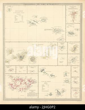 ATLANTIKINSELN. Azoren Färöer Madeira Kanarische Bermuda-Falkland. SDUK 1851-Karte Stockfoto