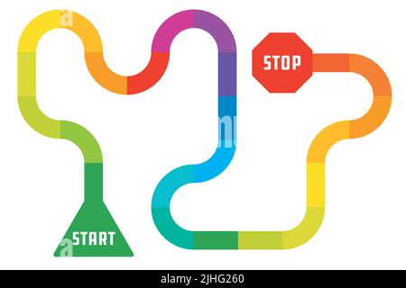 Mehrfarbiger Regenbogen-Pfad-Design ähnlich dem Spielbrett. Vektordarstellung des bunten Pfades auf weißem Hintergrund, mit grünem Start und rotem Stopp. Stock Vektor