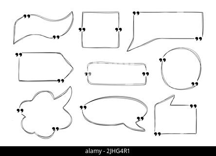 Satz von Anführungszeichen-Box-Vektor im Doodle-Stil. Vorlagen Sprechblasen mit Platz für Text im Skizzenstil. Stock Vektor