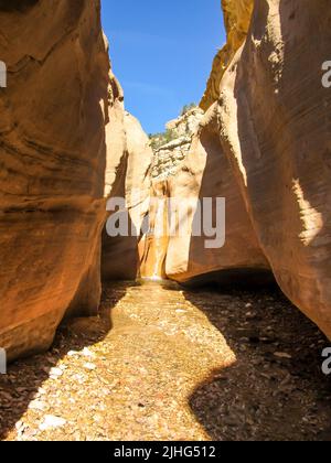 Ein kleiner Wasserfall am Ende einer der Willis Creek Slot Canyons, im Süden von Utah, USA, an einem klaren, sonnigen Tag. Stockfoto