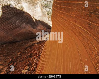 Nahaufnahme der Kreuzbezüge in den Sandsteinklippen des Willis Creek Slot Canyons im Grand Staircase-Escalante National Monument, Utah Stockfoto